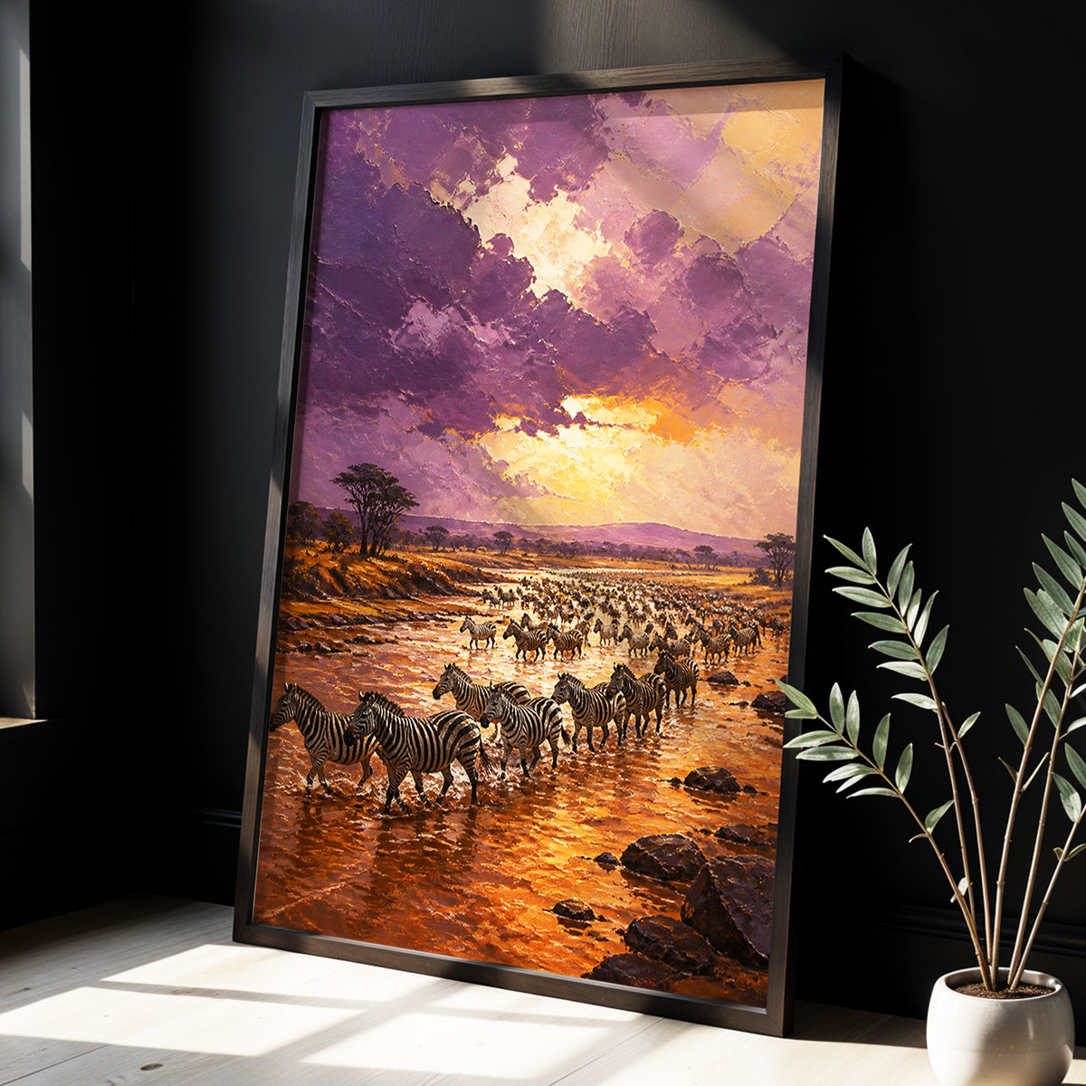 Zebra Crossing at Dusk, purple, orange, brown nature wall art displayed in a styled interior, gallery view 2