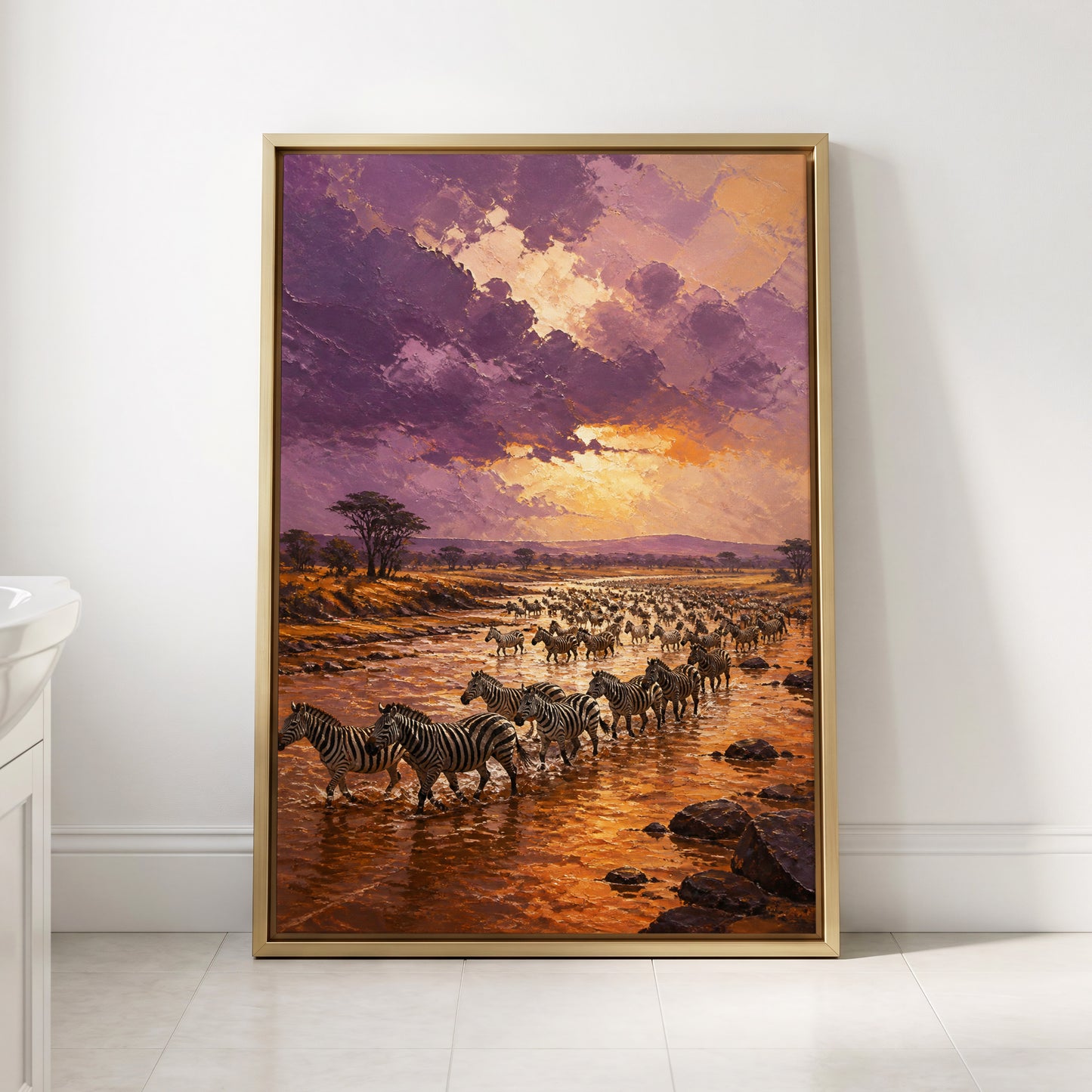 Zebra Crossing at Dusk, purple, orange, brown nature wall art displayed in a styled interior, gallery view 3