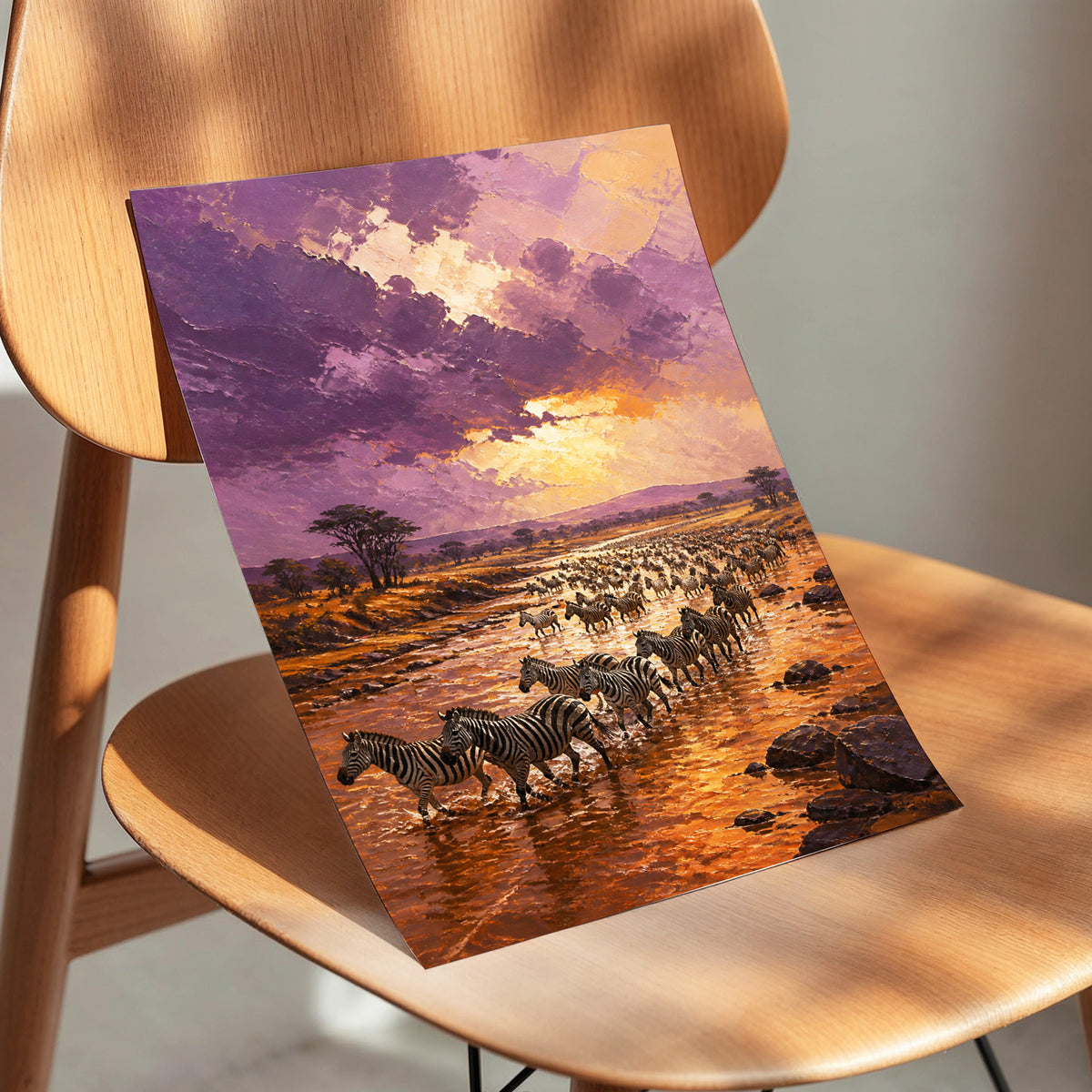 Zebra Crossing at Dusk, purple, orange, brown nature wall art displayed in a styled interior, gallery view 4