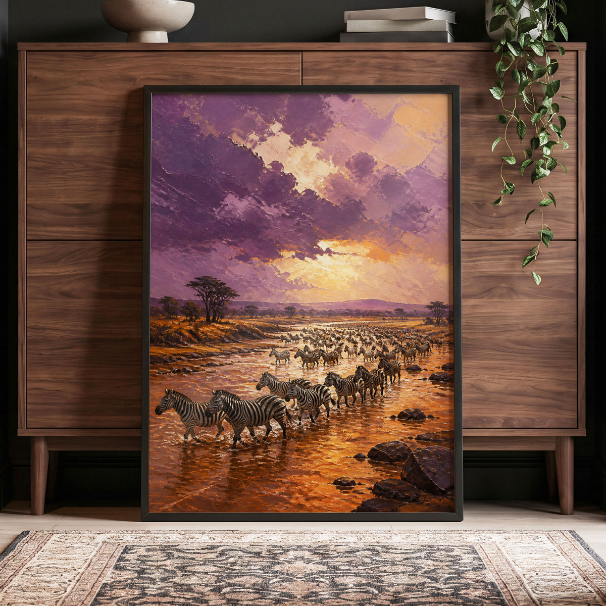 Zebra Crossing at Dusk, purple, orange, brown nature wall art displayed in a styled interior, gallery view 5