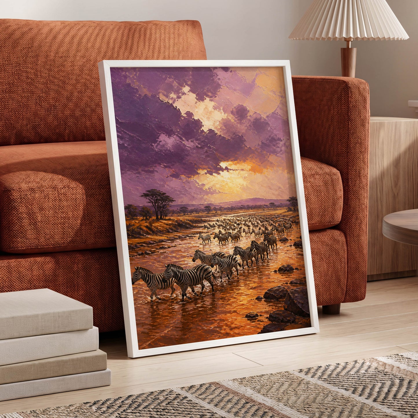 Zebra Crossing at Dusk, purple, orange, brown nature wall art displayed in a styled interior, gallery view 6