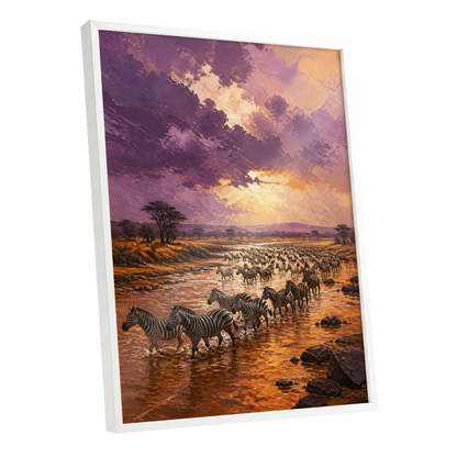 Zebra Crossing at Dusk, purple, orange, brown nature wall art shown as a white framed poster wall art print