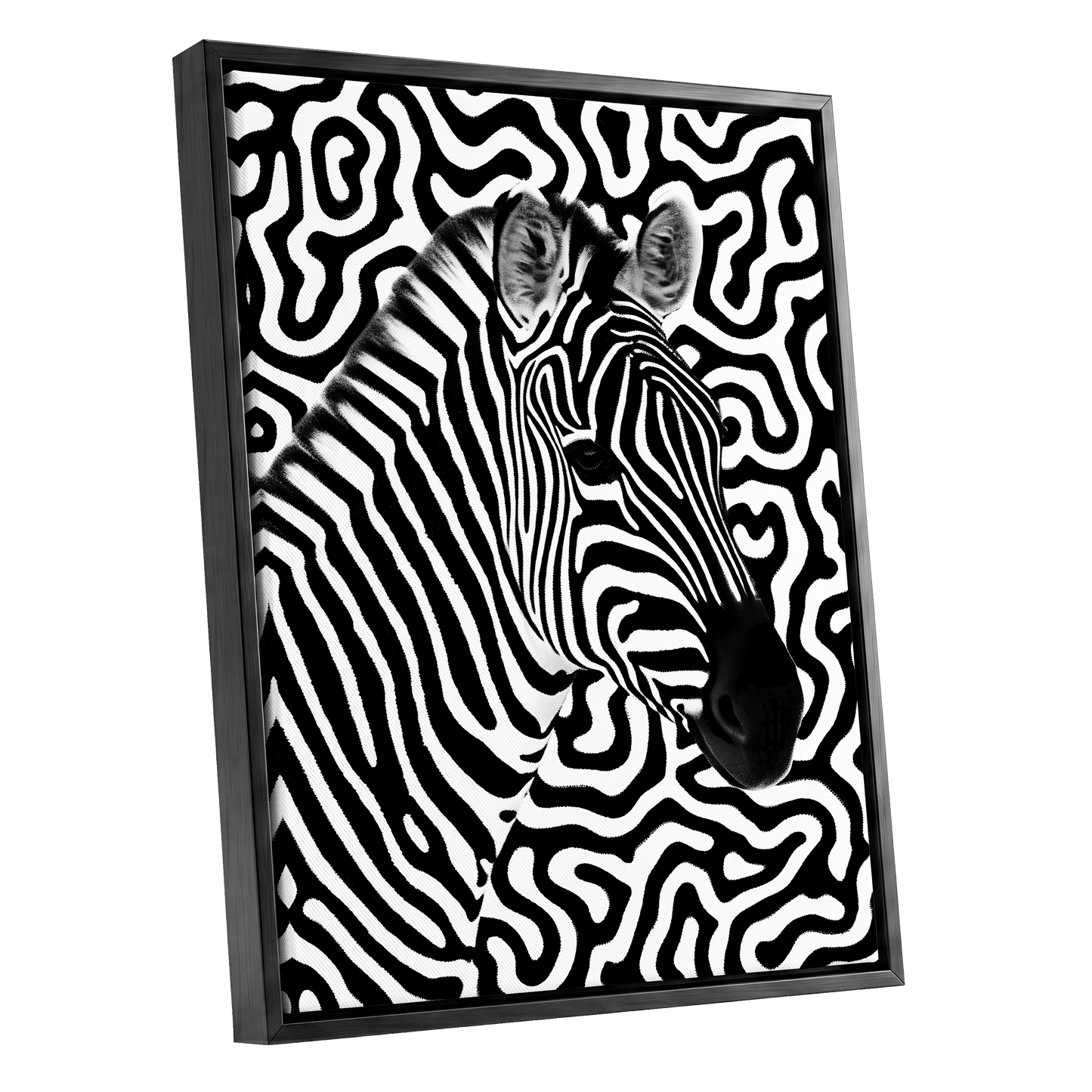 Zebra in the Lines, black, white nature wall art shown as a black framed canvas wall art