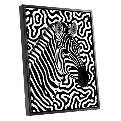 Zebra in the Lines, black, white nature wall art shown as a black framed canvas wall art