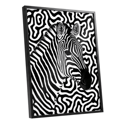 Zebra in the Lines, black, white nature wall art shown as a black framed poster wall art print