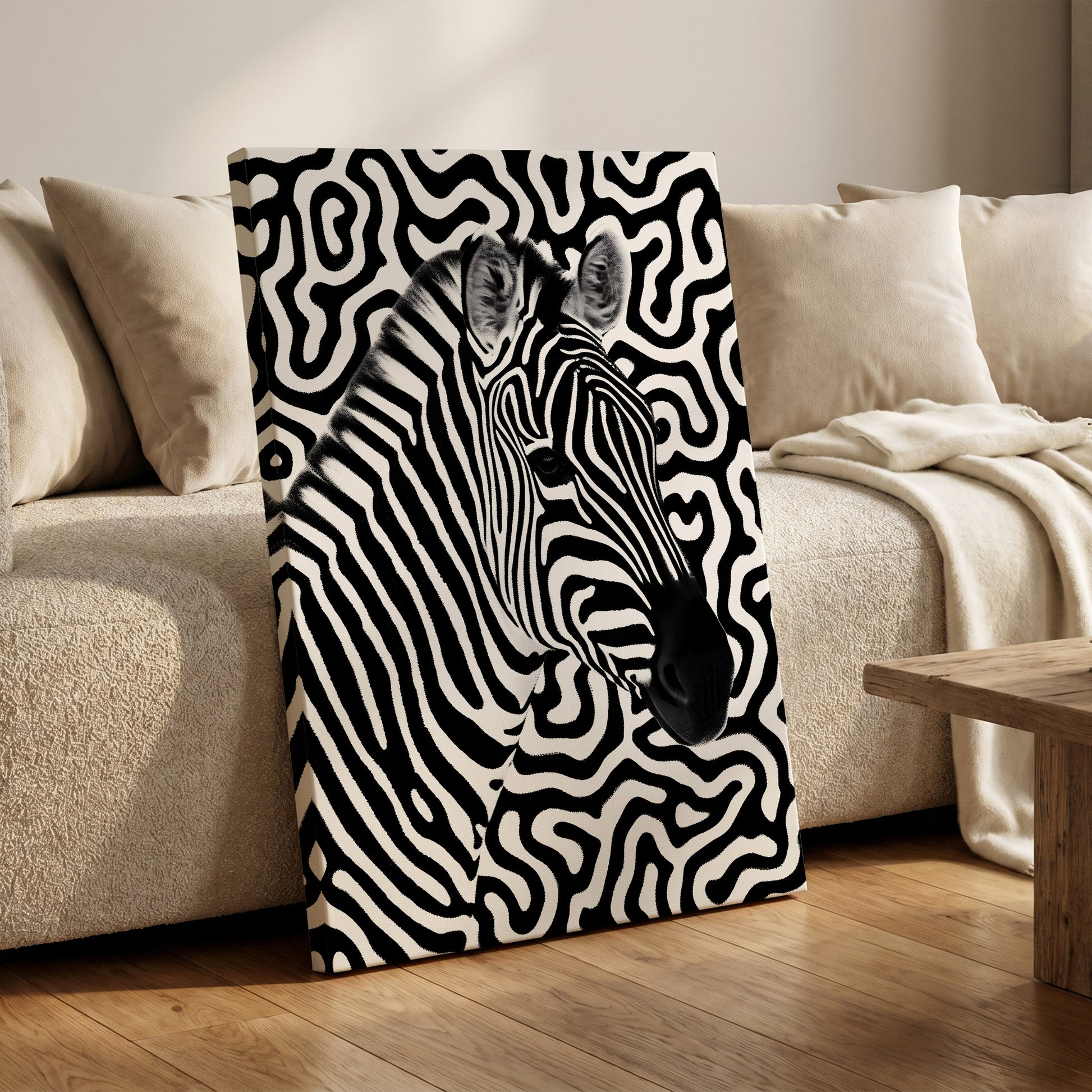 Zebra in the Lines, black, white nature wall art on canvas displayed in a styled interior, gallery view 1