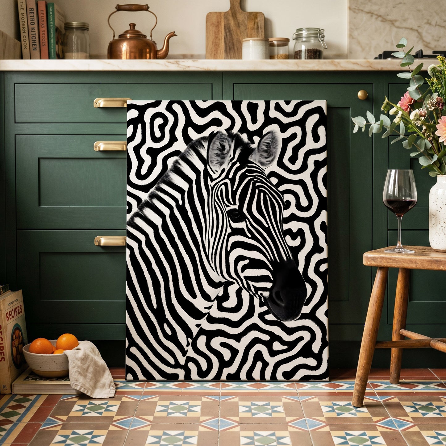 Zebra in the Lines, black, white nature wall art on canvas displayed in a styled interior, gallery view 2