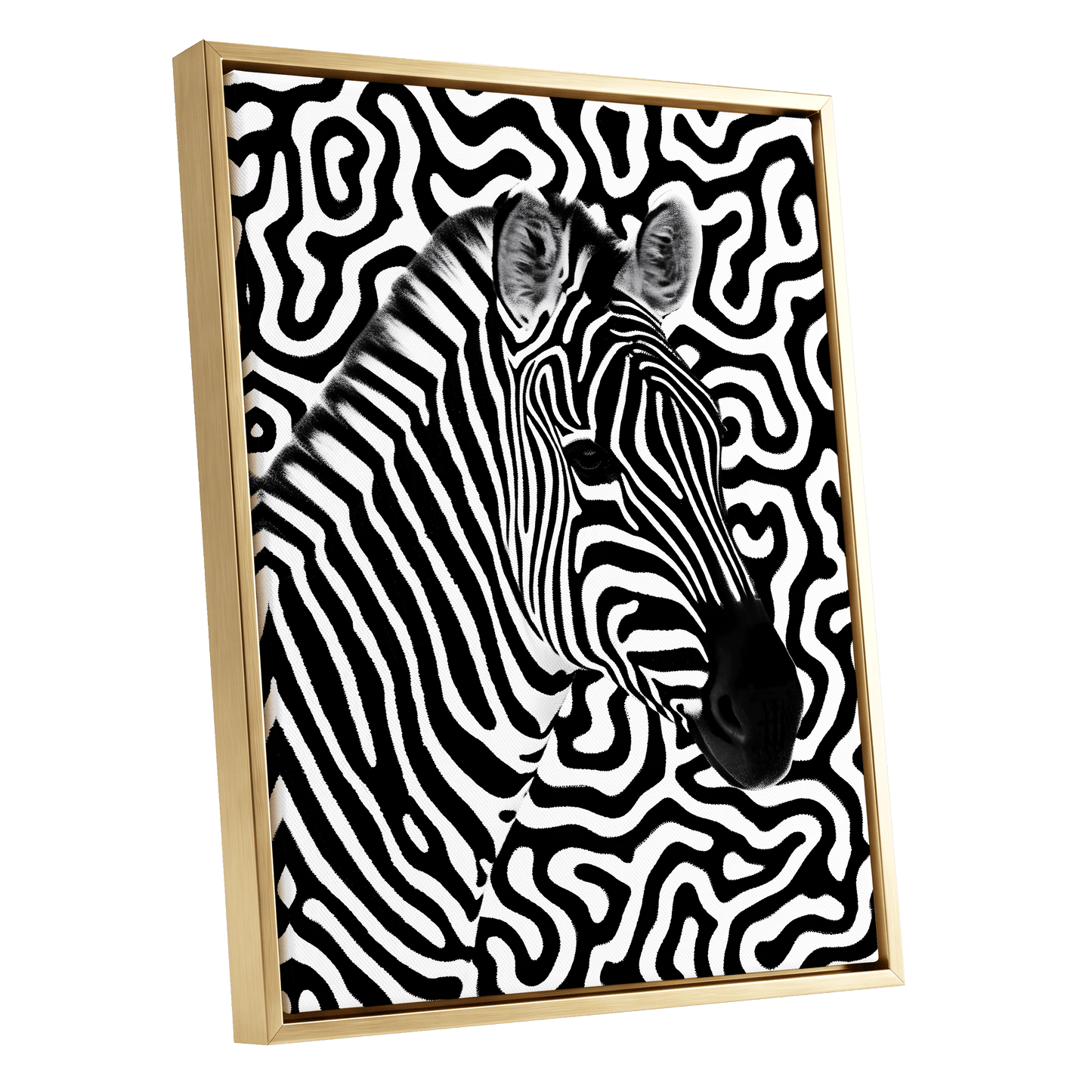 Zebra in the Lines, black, white nature wall art shown as a gold framed canvas wall art