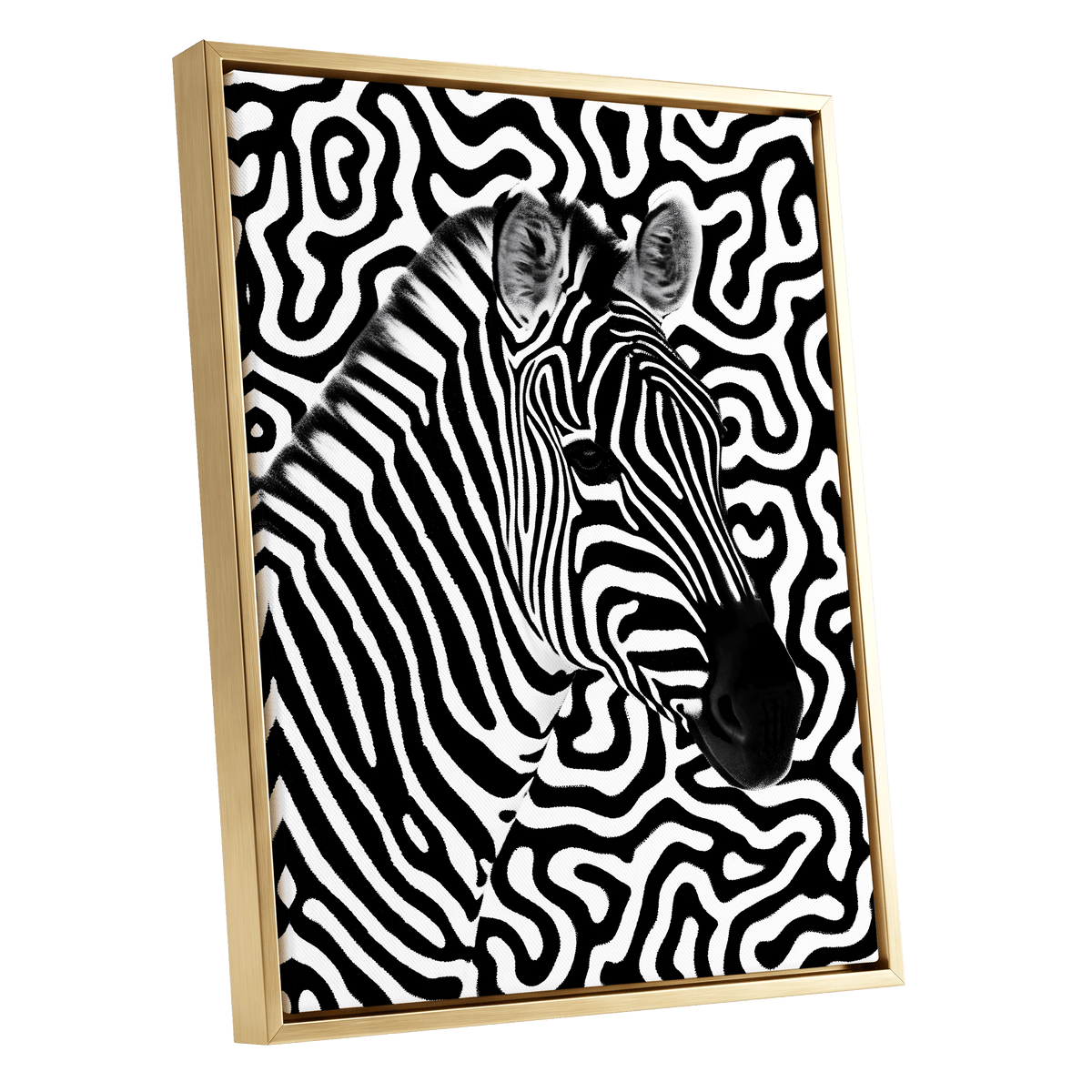 Zebra in the Lines, black, white nature wall art shown as a gold framed canvas wall art