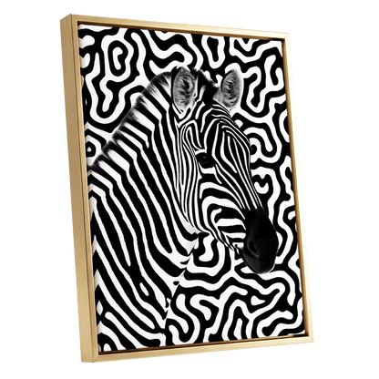 Zebra in the Lines, black, white nature wall art shown as a gold framed canvas wall art