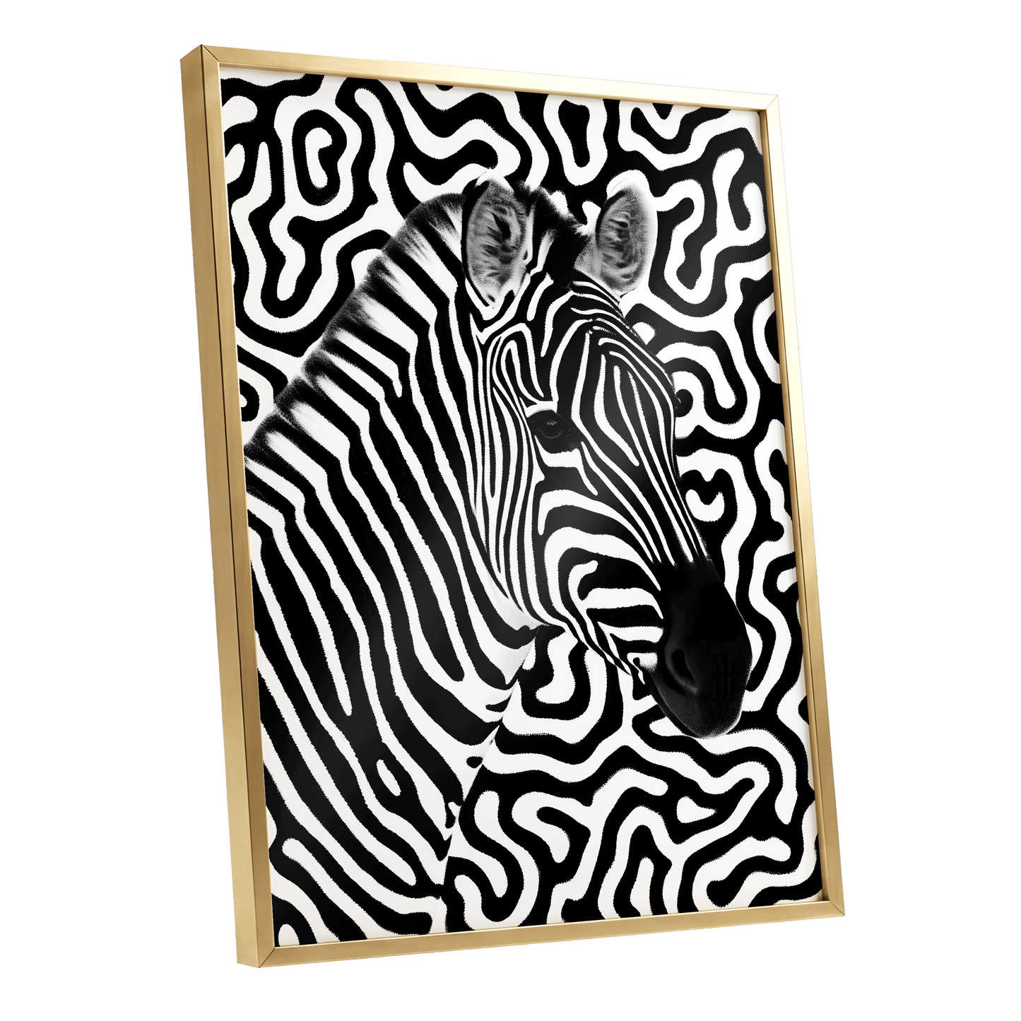 Zebra in the Lines, black, white nature wall art shown as a gold framed poster wall art print