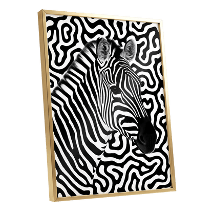 Zebra in the Lines, black, white nature wall art shown as a gold framed poster wall art print