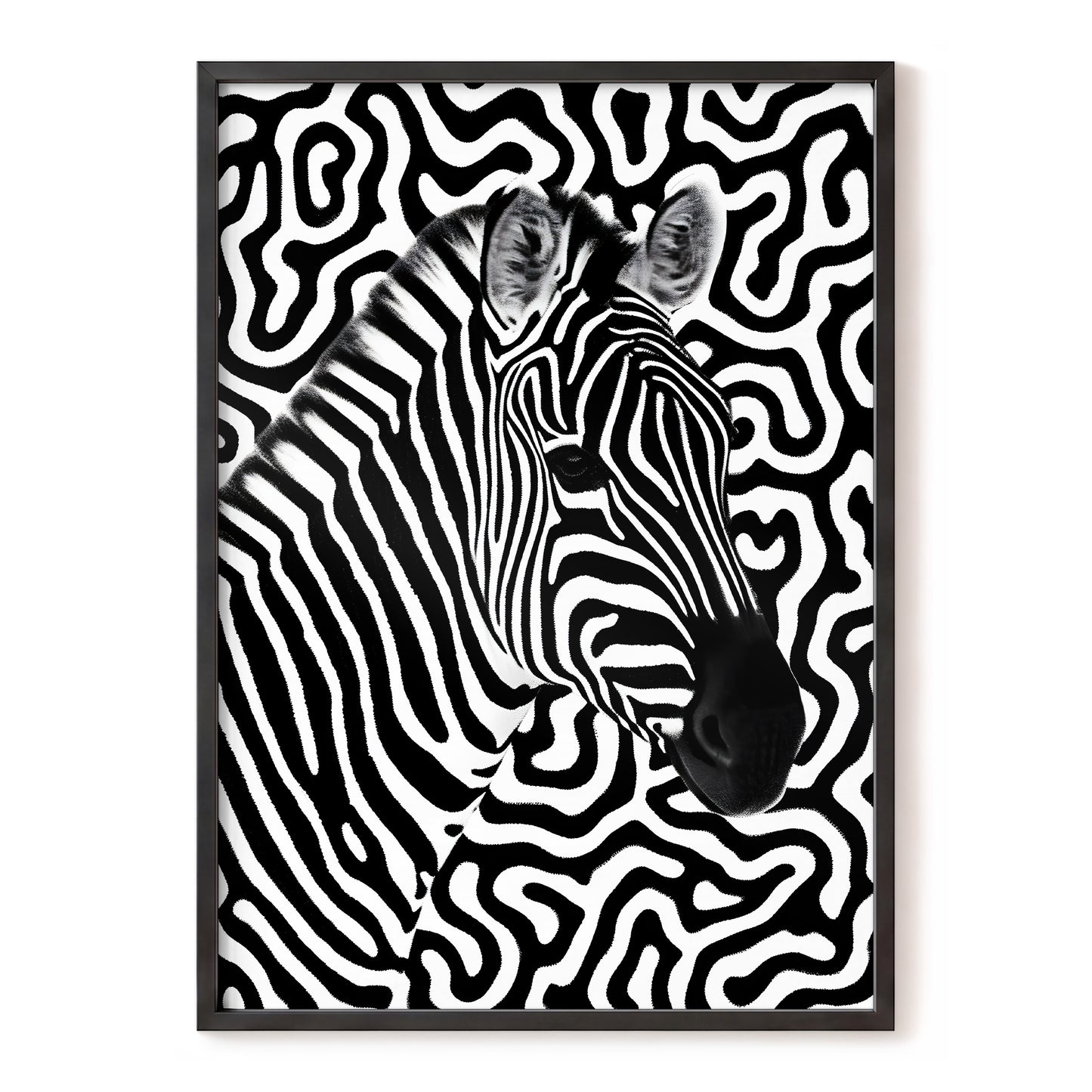 Zebra in the Lines, black, white nature wall art, front artwork view
