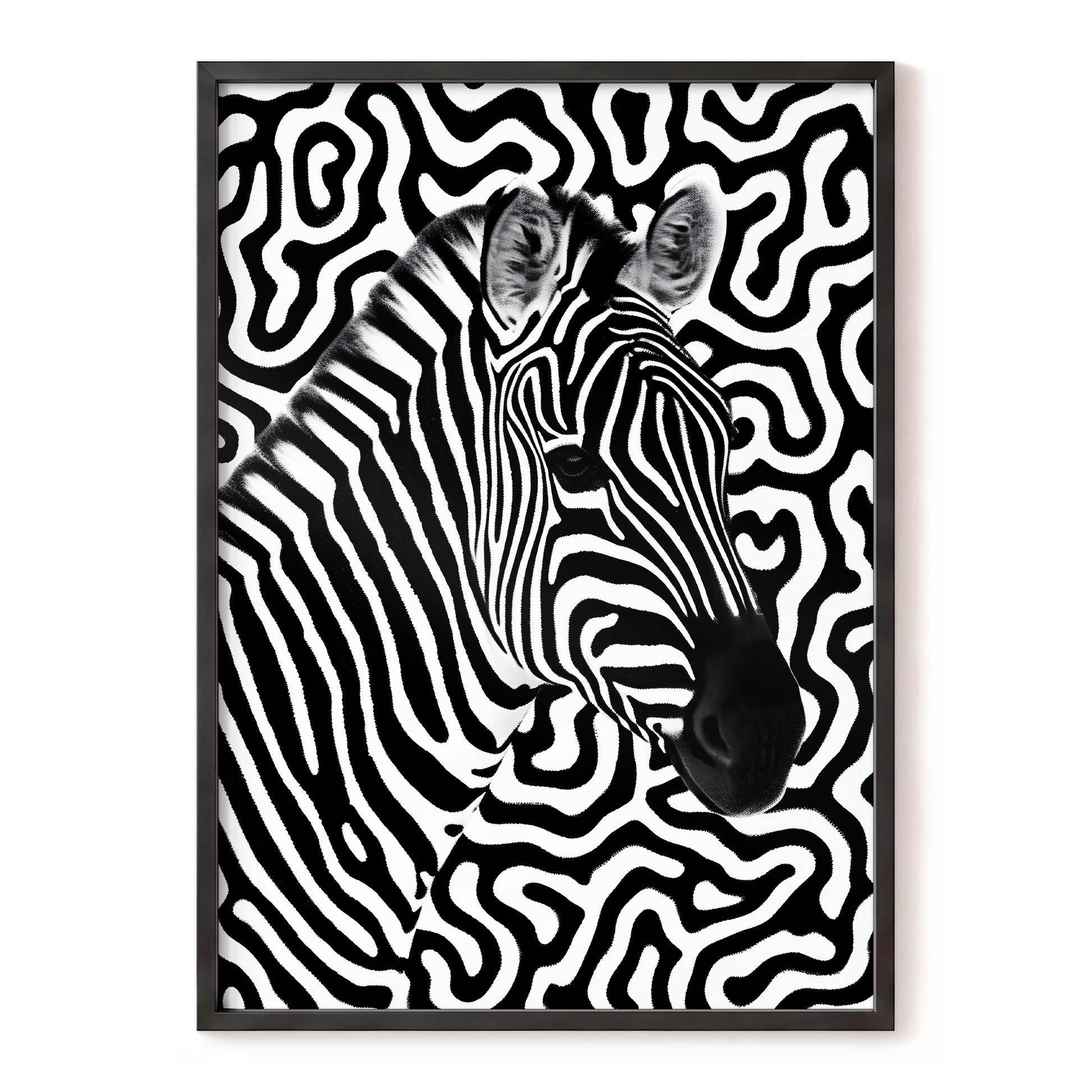 Zebra in the Lines, black, white nature wall art, front artwork view