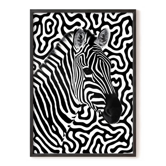 Zebra in the Lines, black, white nature wall art, front artwork view