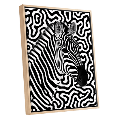 Zebra in the Lines, black, white nature wall art shown as a oak framed canvas wall art