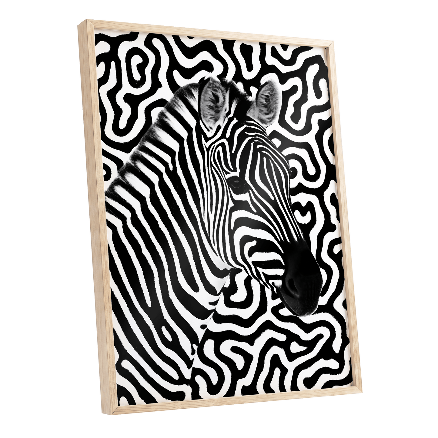 Zebra in the Lines, black, white nature wall art shown as a oak framed poster wall art print