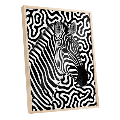 Zebra in the Lines, black, white nature wall art shown as a oak framed poster wall art print