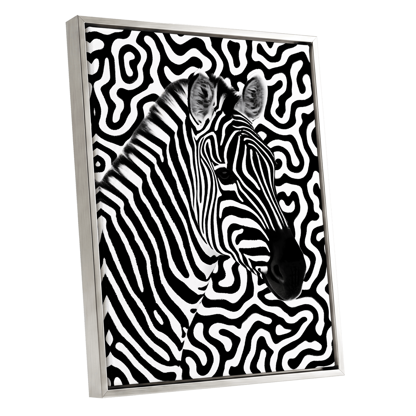 Zebra in the Lines, black, white nature wall art shown as a silver framed canvas wall art