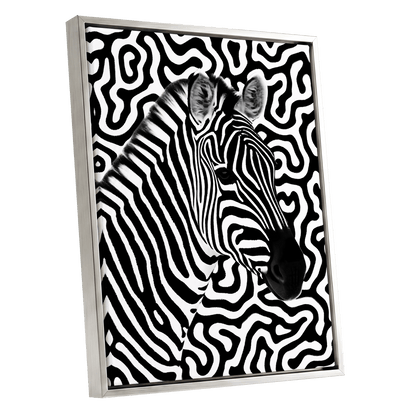 Zebra in the Lines, black, white nature wall art shown as a silver framed canvas wall art