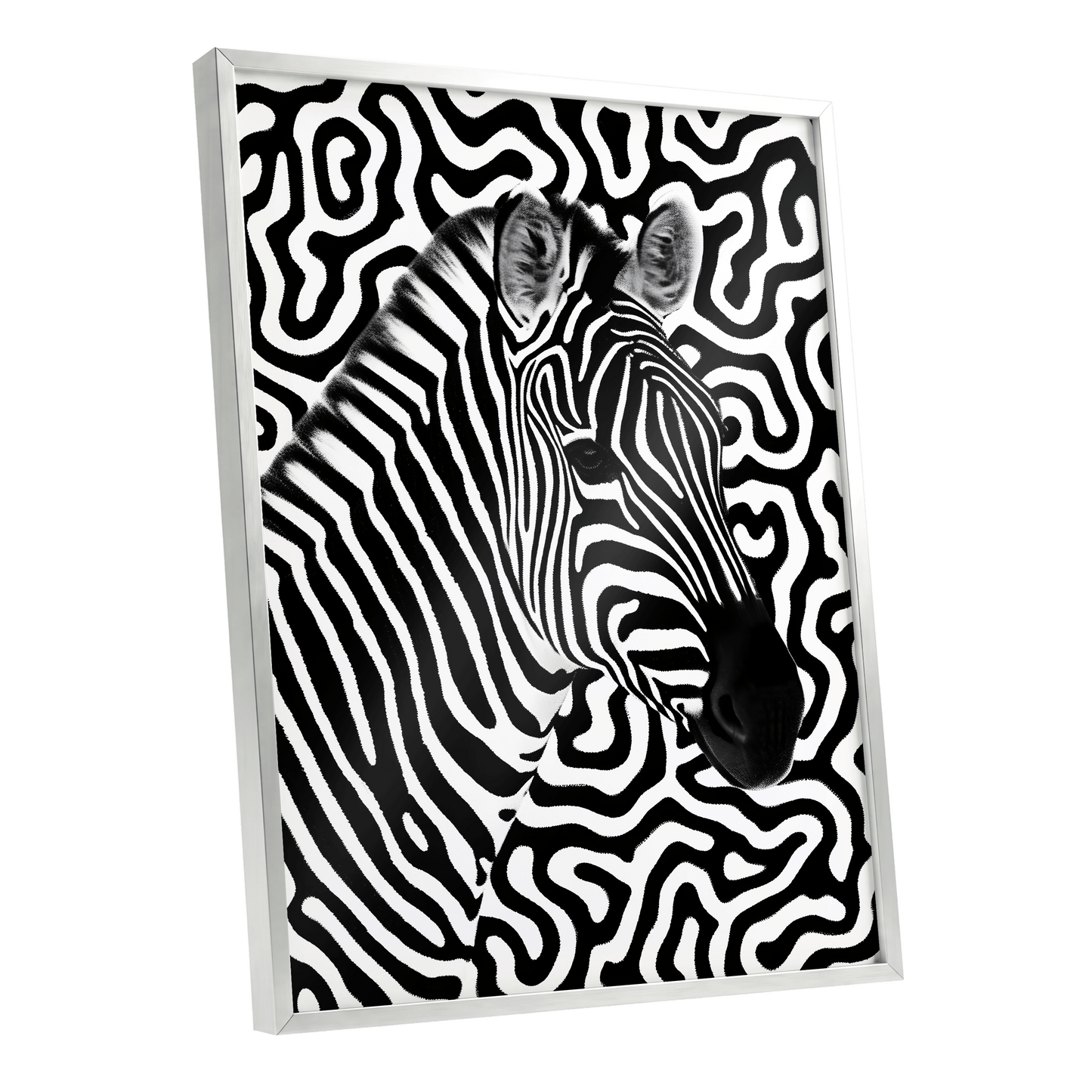 Zebra in the Lines, black, white nature wall art shown as a silver framed poster wall art print