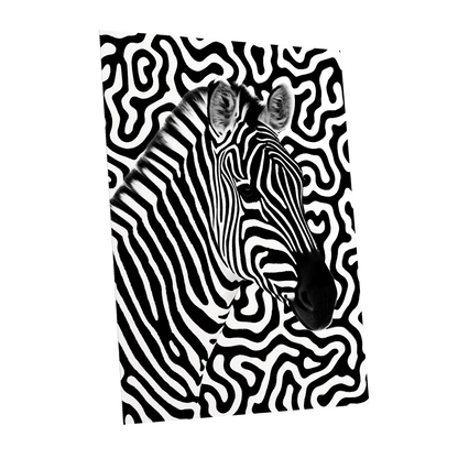 Zebra in the Lines, black, white nature wall art shown as a unframed poster wall art print
