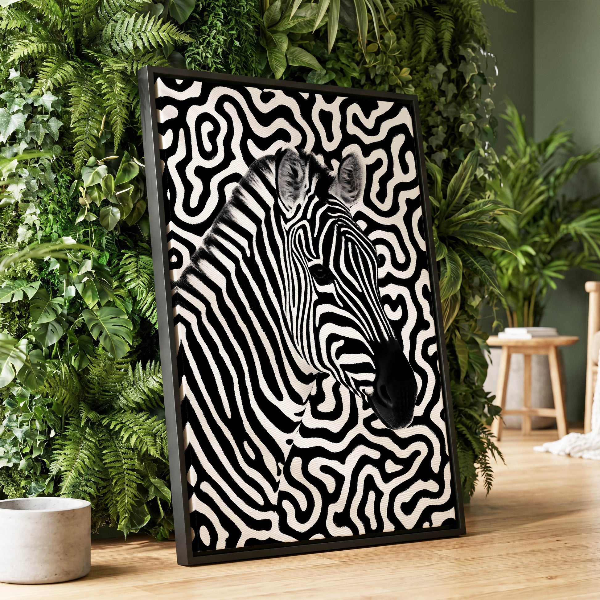 Zebra in the Lines, black, white nature wall art displayed in a styled interior, gallery view 1