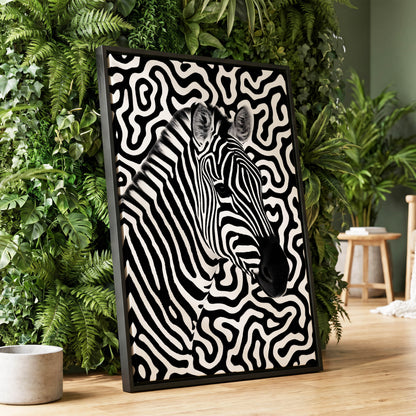 Zebra in the Lines, black, white nature wall art displayed in a styled interior, gallery view 1