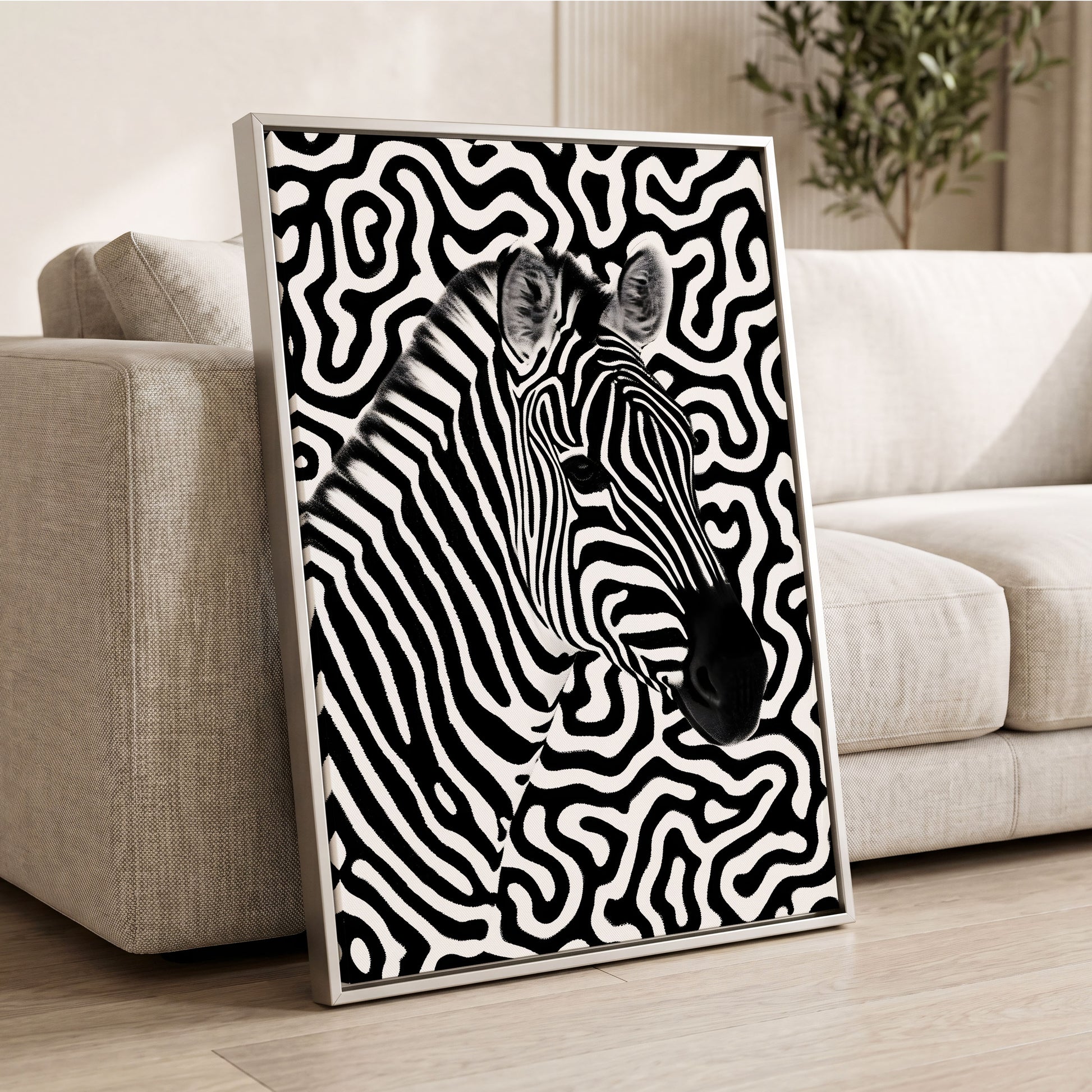 Zebra in the Lines, black, white nature wall art displayed in a styled interior, gallery view 2