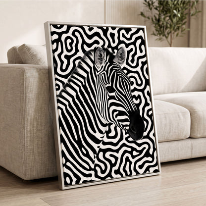Zebra in the Lines, black, white nature wall art displayed in a styled interior, gallery view 2