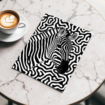 Zebra in the Lines, black, white nature wall art displayed in a styled interior, gallery view 3
