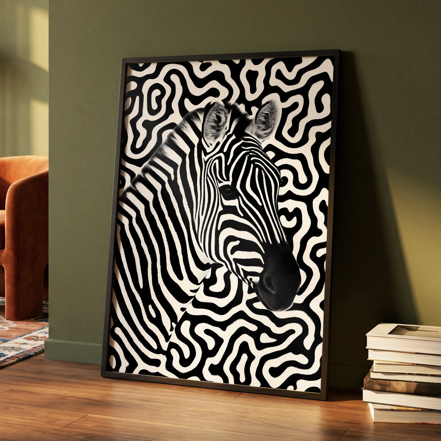 Zebra in the Lines, black, white nature wall art displayed in a styled interior, gallery view 4