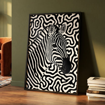 Zebra in the Lines, black, white nature wall art displayed in a styled interior, gallery view 4