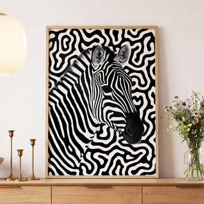 Zebra in the Lines, black, white nature wall art displayed in a styled interior, gallery view 5