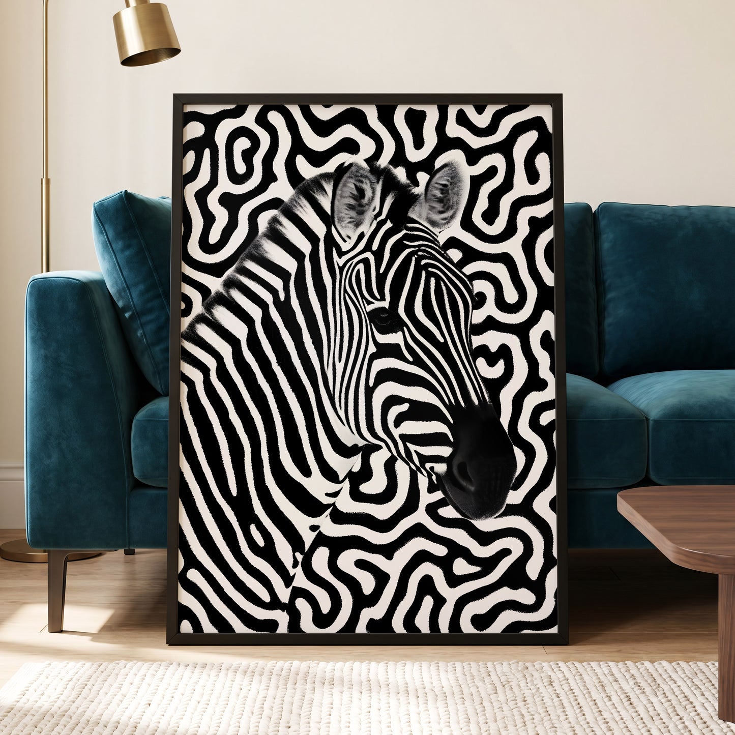 Zebra in the Lines, black, white nature wall art displayed in a styled interior, gallery view 6