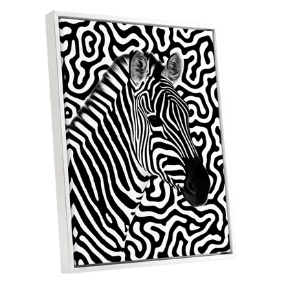 Zebra in the Lines, black, white nature wall art shown as a white framed canvas wall art