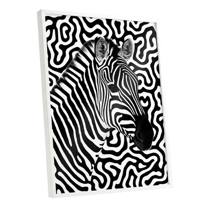 Zebra in the Lines, black, white nature wall art shown as a white framed poster wall art print