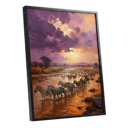 Zebra River at Dusk, purple, orange, brown nature wall art shown as a black framed poster wall art print