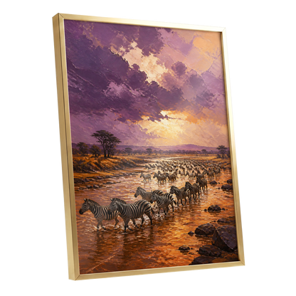 Zebra River at Dusk, purple, orange, brown nature wall art shown as a gold framed poster wall art print