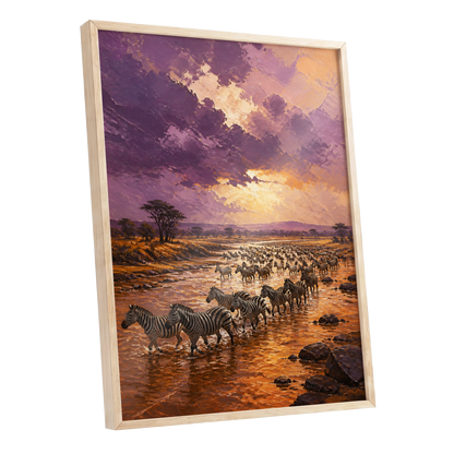 Zebra River at Dusk, purple, orange, brown nature wall art shown as a oak framed poster wall art print