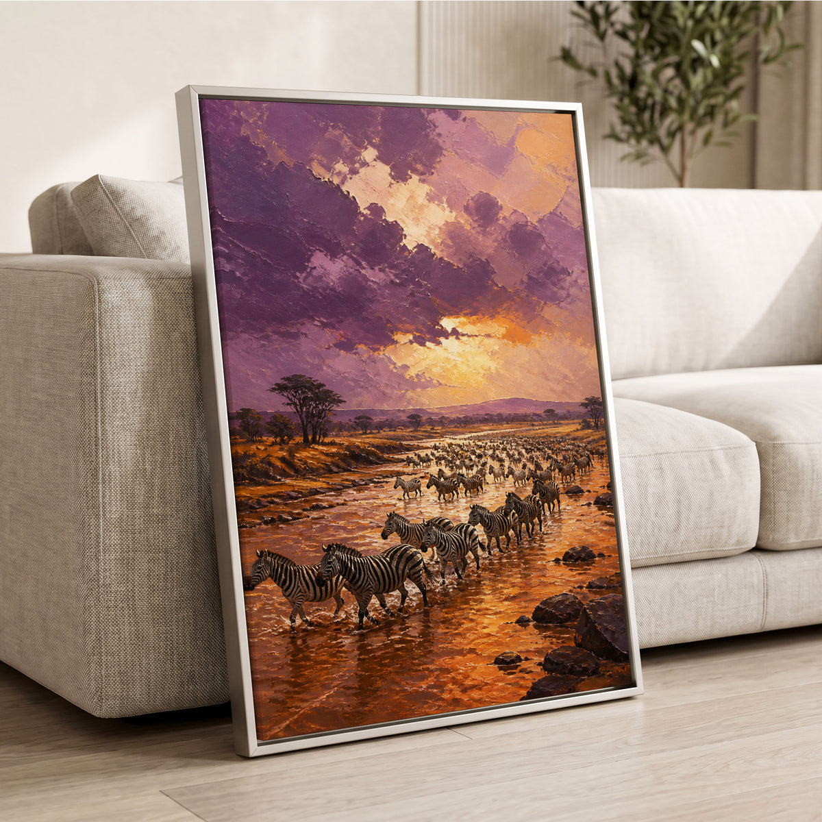 Zebra River at Dusk, purple, orange, brown nature wall art displayed in a styled interior, gallery view 1