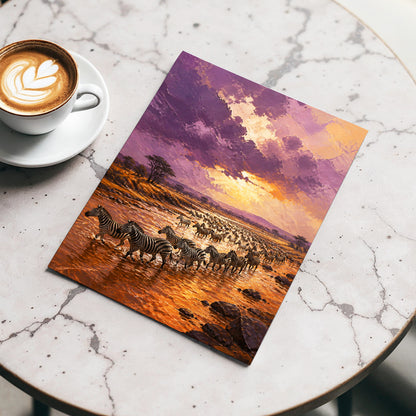 Zebra River at Dusk, purple, orange, brown nature wall art displayed in a styled interior, gallery view 2