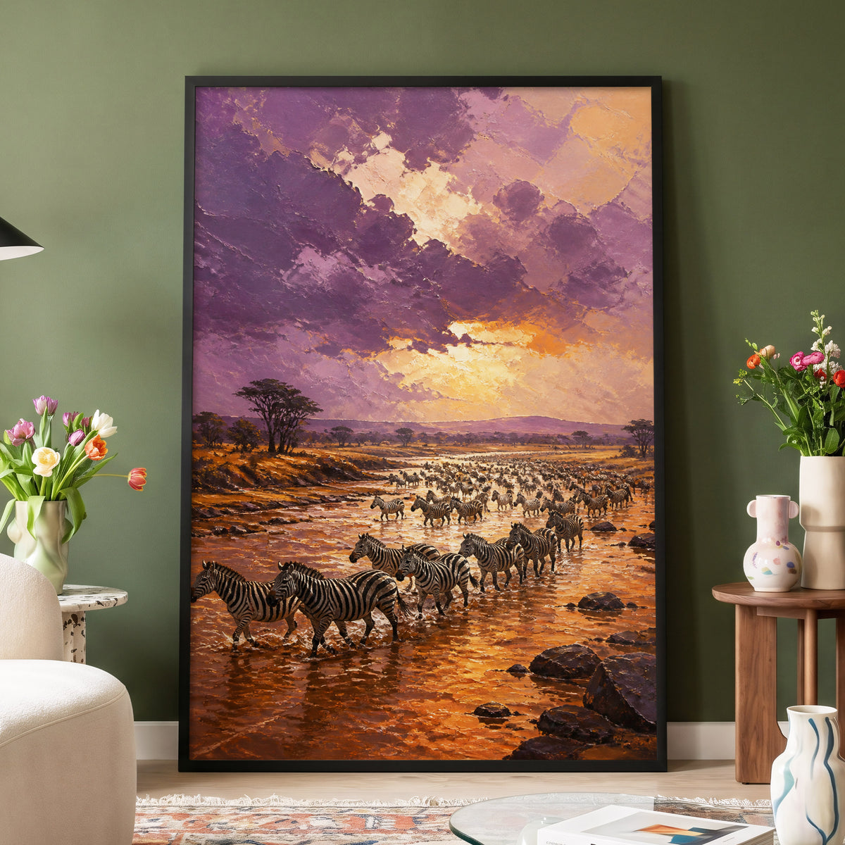 Zebra River at Dusk, purple, orange, brown nature wall art displayed in a styled interior, gallery view 3