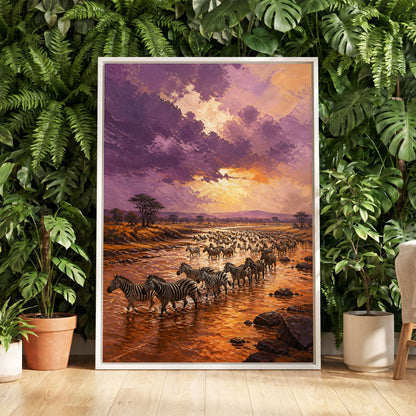 Zebra River at Dusk, purple, orange, brown nature wall art displayed in a styled interior, gallery view 5