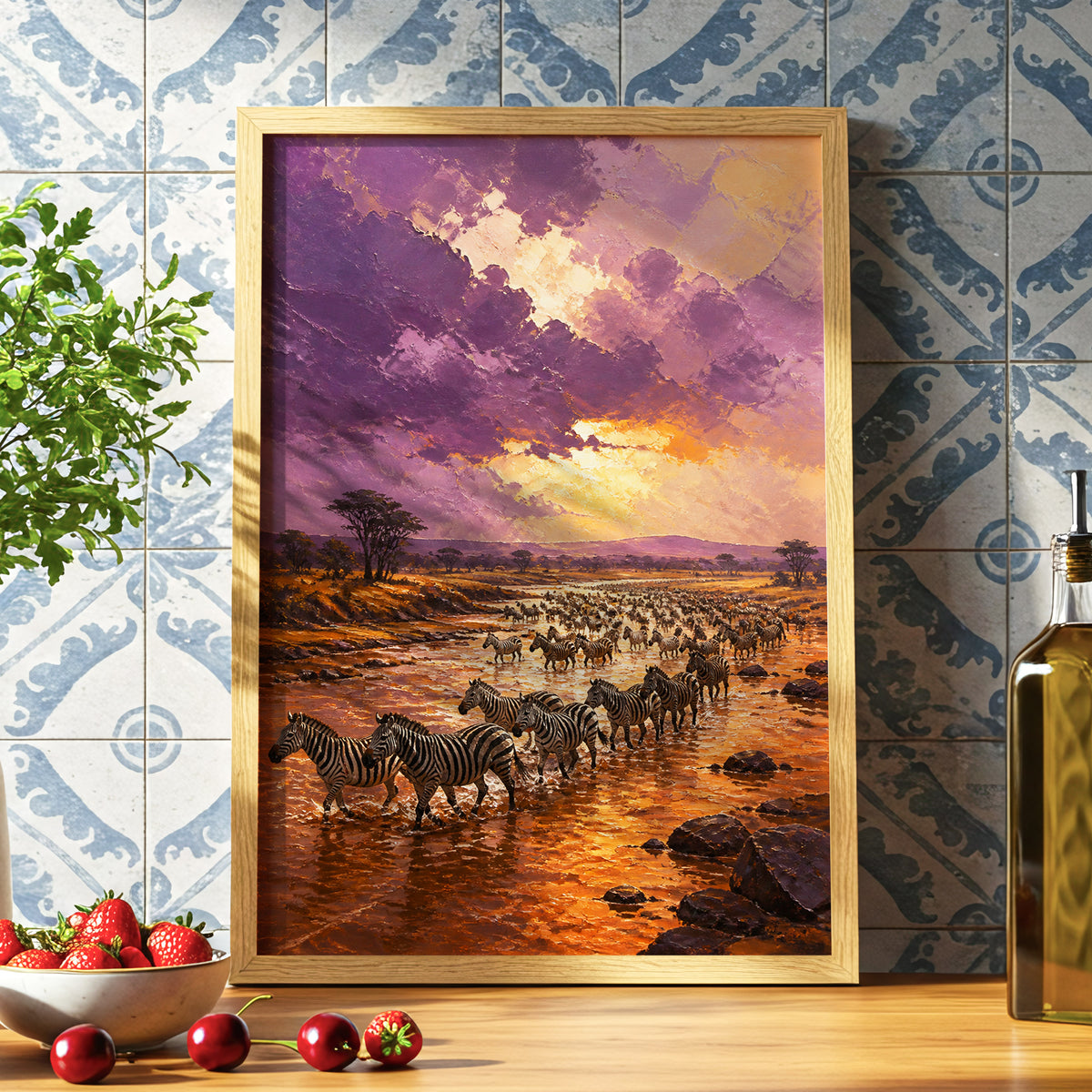 Zebra River at Dusk, purple, orange, brown nature wall art displayed in a styled interior, gallery view 6