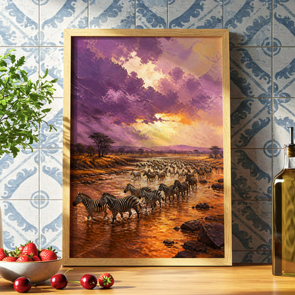 Zebra River at Dusk, purple, orange, brown nature wall art displayed in a styled interior, gallery view 6