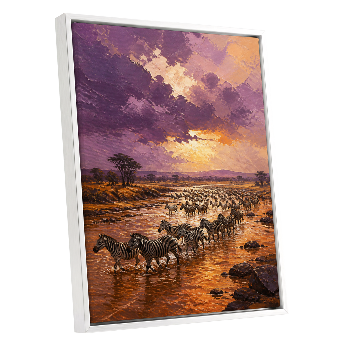 Zebra River at Dusk, purple, orange, brown nature wall art shown as a white framed canvas wall art