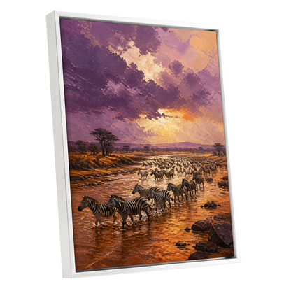 Zebra River at Dusk, purple, orange, brown nature wall art shown as a white framed canvas wall art