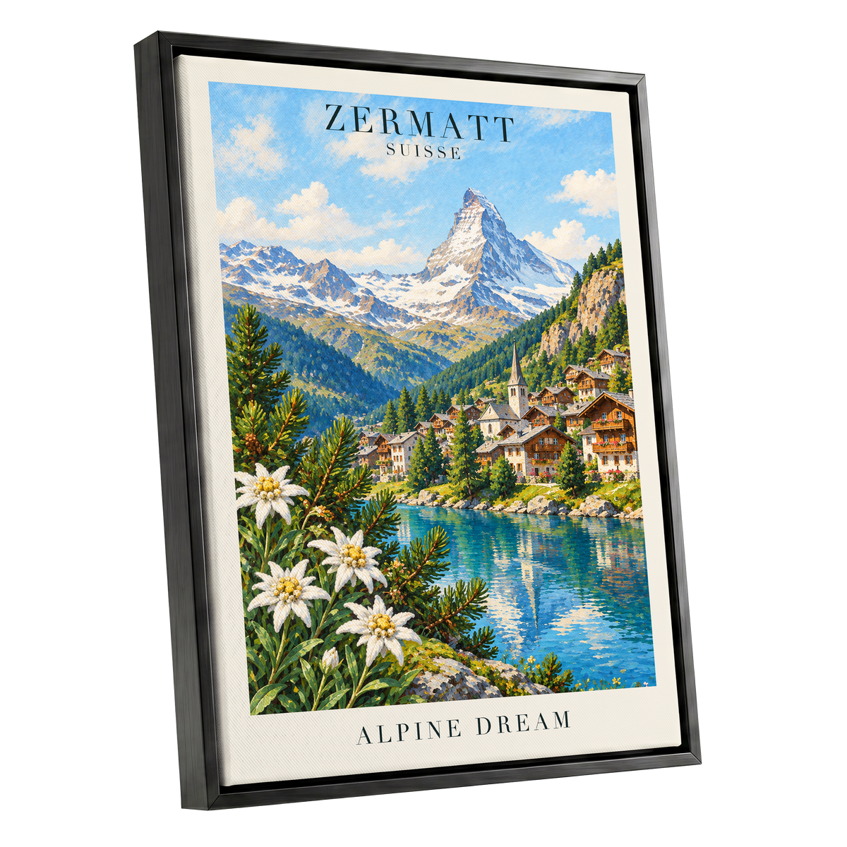 Zermatt Alpine Reverie, blue, green, white nature wall art shown as a black framed canvas wall art