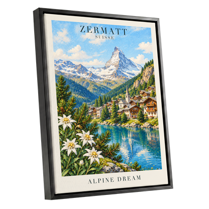 Zermatt Alpine Reverie, blue, green, white nature wall art shown as a black framed canvas wall art
